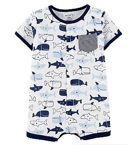 Romper Carters tubarão e baleia, branco com estampa azul
