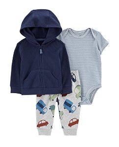 Trio de inverno Carter's, calça com carros, moletom com capuz