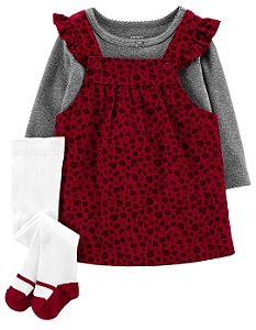Jardineira Carters de veludo vermelho e oncinha com meião