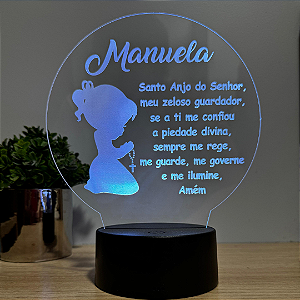 Luminária LED em Acrílico Oração Santo Anjo Menina com Nome