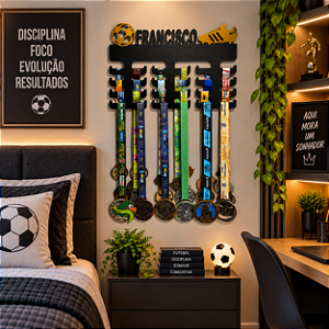Porta Medalhas Bola e Chuteira Dourada com Nome