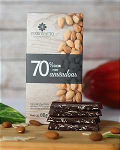 Barra de Chocolate Amargo 70% Cacau com Lascas de Amêndoas  80g