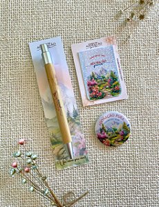 Kit Caneta ecológica de madeira + Marca página magnético +Botton