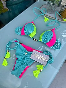 BIQUÍNI GEOVANELLA RECORTES VERDE ÁGUA, AMARELO E PINK