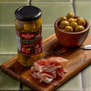 AZEITONAS ESPANHOLAS RECHEADAS C/ PRESUNTO IBÉRICO - LA VIOLETERA 130g ⭐