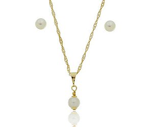 Conjunto Colar e Brinco Pérola - Cordão Baiano Ouro