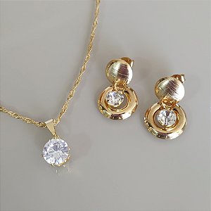 Conjunto Colar e Brinco Zircônia - Cordão Baiano Ouro
