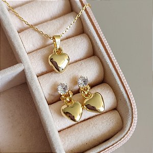 Conjunto Colar e Brinco Coração com Zircônia - Ouro