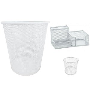 Lixeira de Escritório, Porta Caneta 3 Divisórias e 1 Organizador de Mesa Redondo Aramado Branco Gv Office