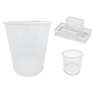 Lixeira de Escritório, Porta Caneta 4 Divisórias e 1 Organizador de Mesa Redondo Aramado Branco Gv Office