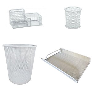 Kit Lixeira Redonda 10 L, Porta Lápis 3 Divisórias, Porta Treco Redondo, Caixa Organizadora Metal Branco