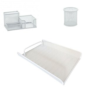 Bandeja Organizadora de Mesa, Multiuso, Escritório, Branco c/ Porta Caneta 3 Divisórias e PortaTreco