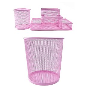 Kit Lixeira de Escritorio 10,5 litros Porta Caneta 4 Divisórias e 1 Porta Treco Rosa Gv Office