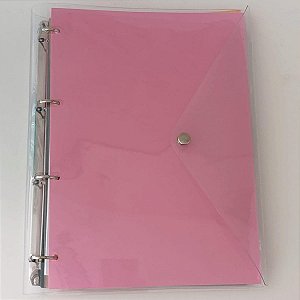 Caderno Fichário Argolado Pasta Organizadora 4 Argolas Rosa Transparente Fechamento com Botão Completo