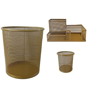Kit Lixeira de Escritorio Cesto de lixo 10 L, Porta Lápis 3 Divisórias e 1 Porta Treco Redondo Dourado Gv Office