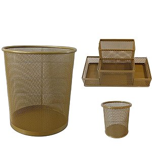 Kit Lixeira de Escritorio Cesto de lixo 10 L, Porta Lápis 4 Divisórias e 1 Porta Treco Redondo Dourado Gv Office