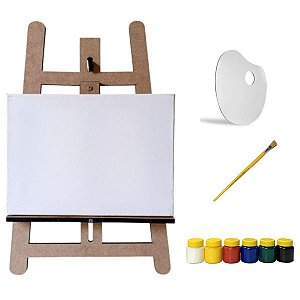 Kit Pintura Infantil Mini Cavalete Tripé Madeira MDF Cru, Tela, Pincel, 6 Tintas e Paleta Gv Office