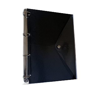 Caderno Fichário Argolado Pasta Organizadora 4 Argolas Preto Transparente Fechamento com Botão