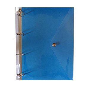 Caderno Fichário Argolado Pasta Organizadora 4 Argolas Azul Transparente Fechamento com Botão