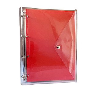 Caderno Fichário Argolado Pasta Organizadora 4 Argolas Vermelho Transparente Fechamento com Botão