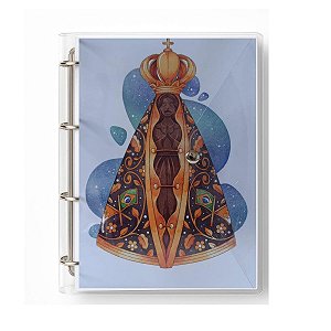 Caderno Fichário Argolado Pasta Organizadora 4 Argolas Nossa Senhora Transparente Fechamento com Botão
