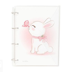 Caderno Fichário Argolado Pasta Organizadora 4 Argolas Coelho Cute Transparente Fechamento c/ Botão