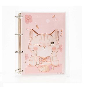 Caderno Fichário Argolado Pasta Organizadora 4 Argolas Gato Cute Transparente Fechamento c/ Botão