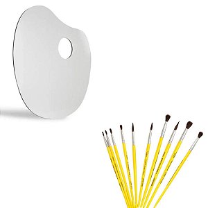 Kit Gode Paleta p/ Pintura em Formato Anatômico Oval Branco 21x17 cm c/ 10 Pinceis