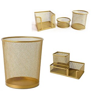 Kit Organizador Escritório Aramado Dourado Lixeira Porta Treco Porta Canetas