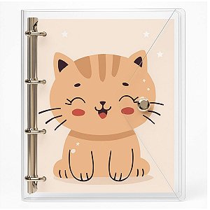 Fichário Caderno 4 argolas Transparente Universitário Gatinho Feliz Fechamento c/ Botão