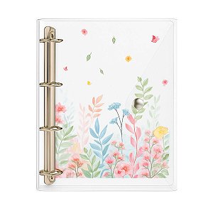 Caderno Fichário Argolado Transparente Universitário 4 Argolas Flores Fechamento c/ Botão