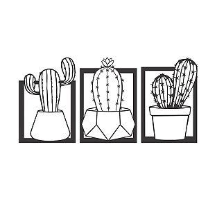 Kit 3 Quadros Decorativos Floral Cactos 3D MDF 3mm Preto Fosco