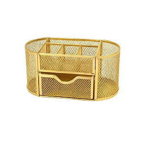 Organizador De Mesa Dourado Luxo PortaTreco Porta Maquiagem Metal Aramado 21x11cm GV Office