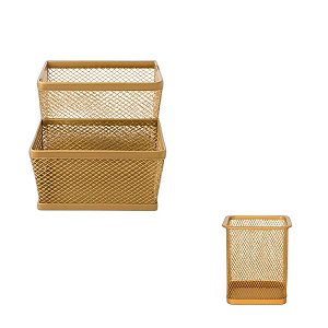 Kit Organizador de Mesa Porta Maquiagem Porta Caneta Porta Treco Metal Dourado