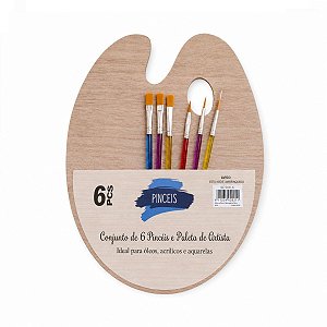 Kit Paleta de Madeira para Pintura com 6 Pincéis Coloridos Artísticos Gv Office