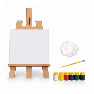 Kit Pintura Infantil Mini Cavalete Tripé Completo Tela Pincel 6 Tintas Paleta Gv Office