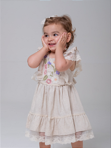 Vestido Linho Bordado Cru Infantil
