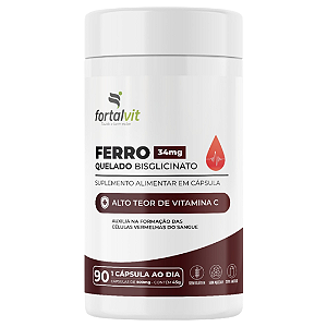 Ferro Quelado Bisglicinato 34mg, 90 Cápsulas, Alto Teor de Vitamina C, Fortalvit