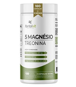 5Mag Treonato (L-Treonina) Longa Duração: 180 Cápsulas, 90 Dias de Uso, L-Treonina + 5 tipos de Magnésio, Fortalvit