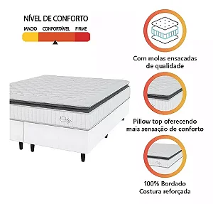 Cama Box Colchão Casal Queen Molas Ensacadas City Pillow Top 158x198x61cm Linho Branco Preto Hellen