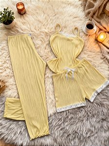 Kit Pijama Canelado Blusa + Shorts + Calça