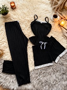 Kit Pijama Canelado Blusa + Shorts + Calça