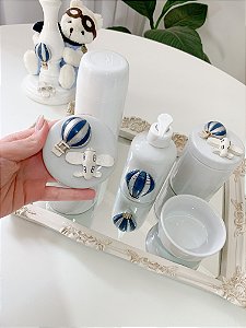 Kit higiene urso aviador com 5 peças + bandeja em resina