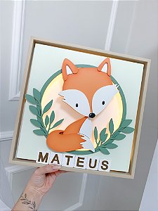 Quadro porta maternidade nome bosque raposa com luz de led