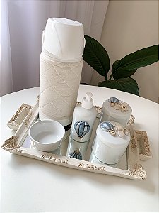 Kit higiene urso aviador resina com 5 peças + bandeja em resina