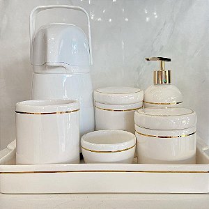 Kit higiene clássico com 6 peças + bandeja em porcelana