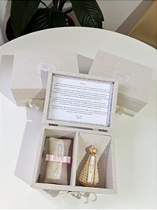 Caixa bordada personalizada para padrinhos batismo batizado com santinha