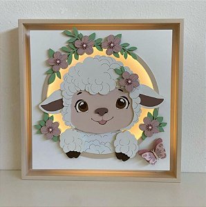 Quadro decorativo ovelhinha ovelha borboletas e flores luz de led