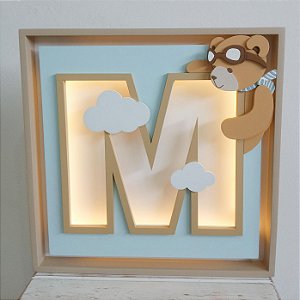 Quadro porta maternidade ursinho urso aviador luz de led com inicial