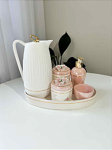 Kit higiene floral e rosa velho com filete de ouro 6 peças